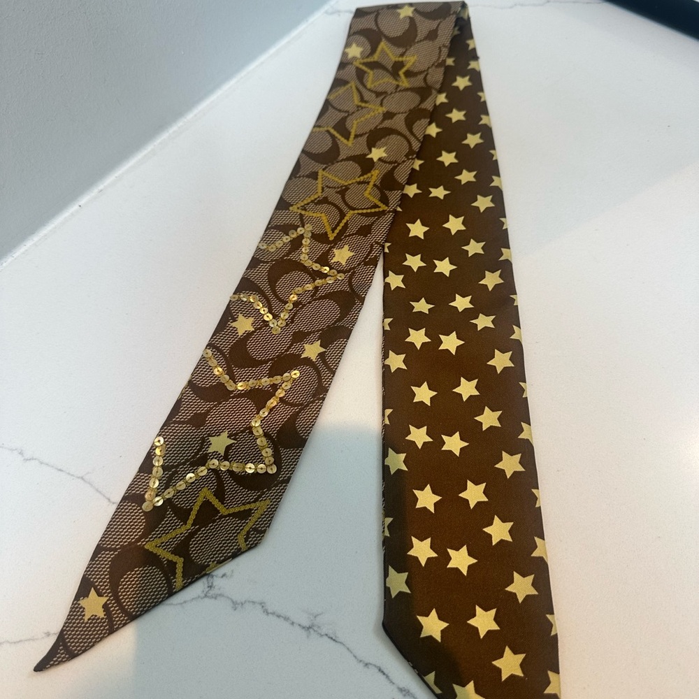 Coach Skinny Scarf for Bag or hair - Brown with gold stars